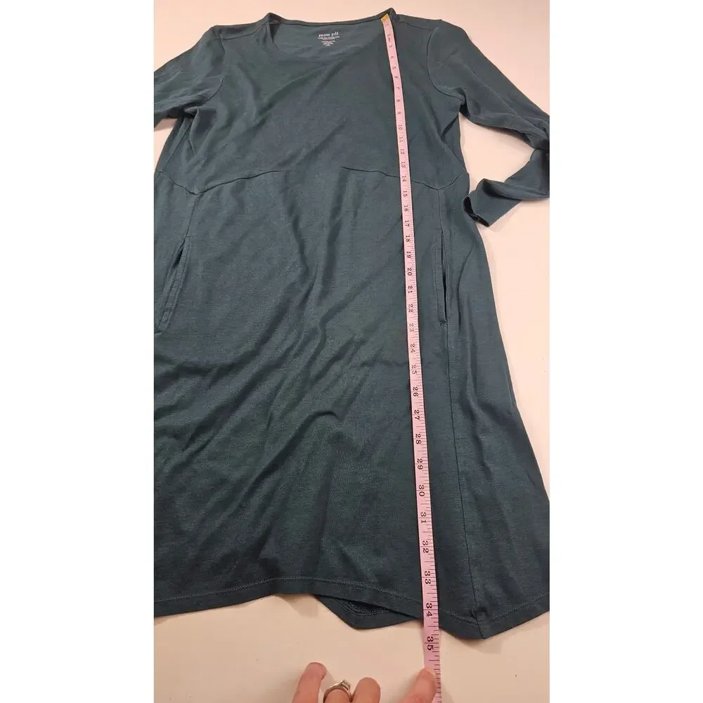 J. Jill Dipped hem swing dress pima cotton XS PETITE XSP teal long sleeve EUC